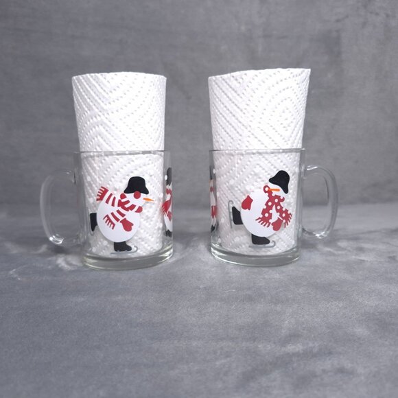 Crate & Barrel Skating Snowman Luminarc Glass Coffee Cup Mug Set of Two USA - Picture 1 of 6